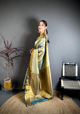 Dista Elora Sea Green Soft Silk Ikkat Leheriya Weaving Saree, view 2