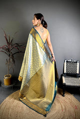 Dista Elora Sea Green Soft Silk Ikkat Leheriya Weaving Saree, view 3