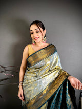 Dista Elora Sea Green Soft Silk Ikkat Leheriya Weaving Saree, view 4
