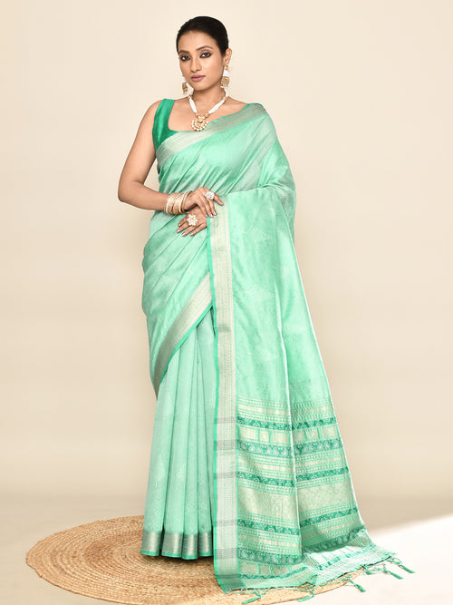 Dista Elora Sea Green Soft Silk leaf Printed Baluchari Weaving Saree