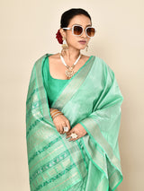 Dista Elora Sea Green Soft Silk leaf Printed Baluchari Weaving Saree, view 2