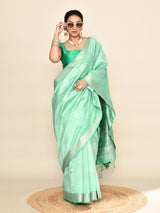 Dista Elora Sea Green Soft Silk leaf Printed Baluchari Weaving Saree, view 3