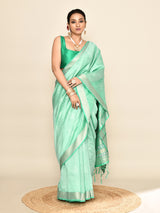 Dista Elora Sea Green Soft Silk leaf Printed Baluchari Weaving Saree, view 4
