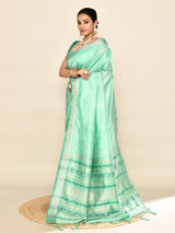 Dista Elora Sea Green Soft Silk leaf Printed Baluchari Weaving Saree, view 5