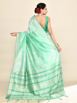 Dista Elora Sea Green Soft Silk leaf Printed Baluchari Weaving Saree, view 6
