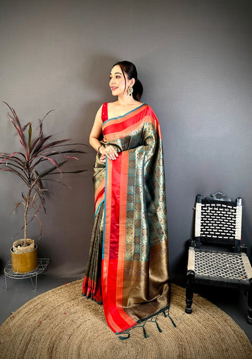 Dista Elora Sea Green Soft Silk Zari Weaving Banarasi Saree