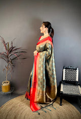 Dista Elora Sea Green Soft Silk Zari Weaving Banarasi Saree, view 2