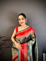 Dista Elora Sea Green Soft Silk Zari Weaving Banarasi Saree, view 3