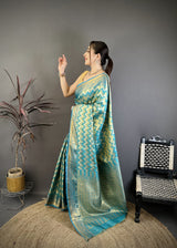 Dista Elora Sea Green Soft Silk Zig Zag Leheriya Zari Weaving Saree, view 2