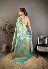 Dista Elora Sea Green Soft Silk Zig Zag Leheriya Zari Weaving Saree, view 3