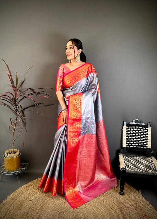 Dista Elora Silver & red Soft Silk Floral Zari Weaving Banarasi Saree