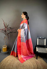 Dista Elora Silver & red Soft Silk Floral Zari Weaving Banarasi Saree, view 2