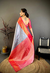 Dista Elora Silver & red Soft Silk Floral Zari Weaving Banarasi Saree, view 3