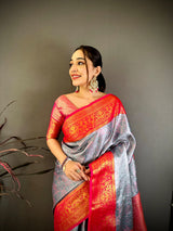 Dista Elora Silver & red Soft Silk Floral Zari Weaving Banarasi Saree, view 4