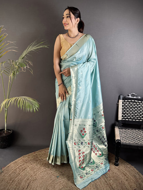 Dista Elora Sky Blue Lichi Silk Floral Ikat Motifs Zari weaving Paithani Saree