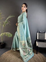 Dista Elora Sky Blue Lichi Silk Floral Ikat Motifs Zari weaving Paithani Saree, view 2