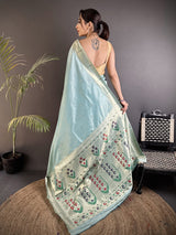 Dista Elora Sky Blue Lichi Silk Floral Ikat Motifs Zari weaving Paithani Saree, view 3