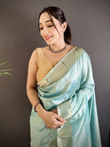 Dista Elora Sky Blue Lichi Silk Floral Ikat Motifs Zari weaving Paithani Saree, view 4