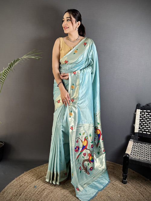 Dista Elora Sky Blue Lichi Silk Parrot & Floral Woven Design Zari Weaving Paithani Saree