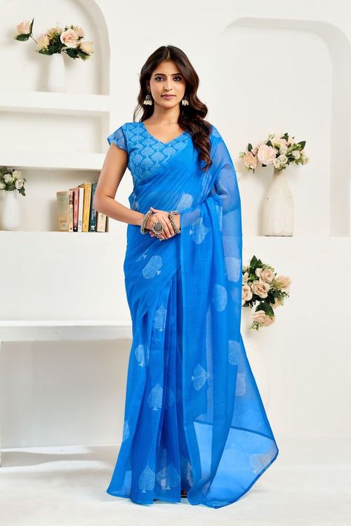 Dista Elora Sky Blue Linen Leaf Motifs Printed Ready To Wear Saree