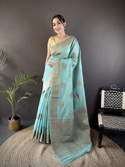 Dista Elora Sky Blue Linen Silk Floral & Paisley Jacquard Zari Woven Banarasi Saree