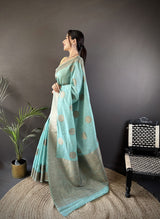 Dista Elora Sky Blue Linen Silk Floral & Paisley Jacquard Zari Woven Banarasi Saree, view 2
