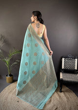 Dista Elora Sky Blue Linen Silk Floral & Paisley Jacquard Zari Woven Banarasi Saree, view 3