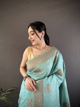 Dista Elora Sky Blue Linen Silk Floral & Paisley Jacquard Zari Woven Banarasi Saree, view 4