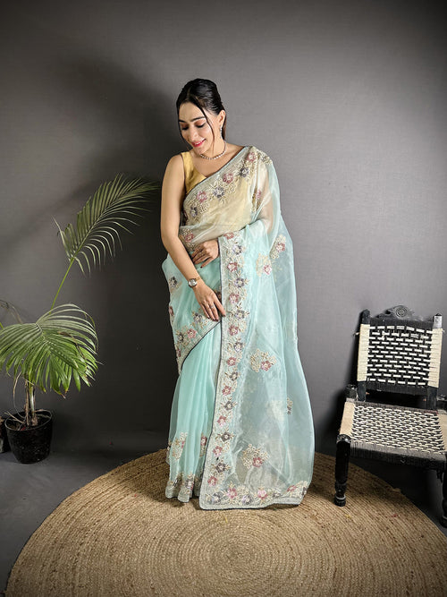 Dista Elora Sky Blue Organza Silk Dubble Sequence Floral Embroidery Saree
