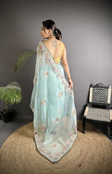 Dista Elora Sky Blue Organza Silk Dubble Sequence Floral Embroidery Saree, view 2