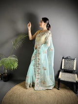 Dista Elora Sky Blue Organza Silk Dubble Sequence Floral Embroidery Saree, view 3