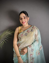 Dista Elora Sky Blue Organza Silk Dubble Sequence Floral Embroidery Saree, view 4