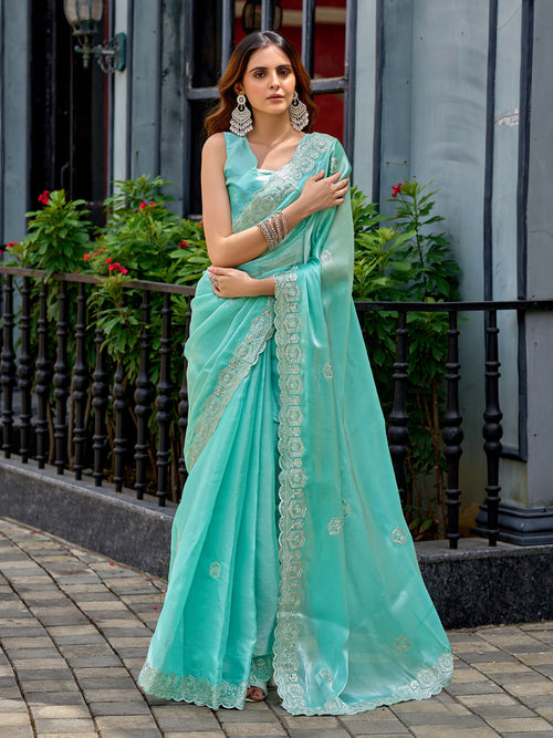 Dista Elora Sky Blue Shimmer Chiffon Geometric Embroidery Work Bollywood Saree