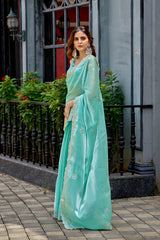 Dista Elora Sky Blue Shimmer Chiffon Geometric Embroidery Work Bollywood Saree, view 2