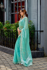 Dista Elora Sky Blue Shimmer Chiffon Geometric Embroidery Work Bollywood Saree, view 3
