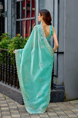 Dista Elora Sky Blue Shimmer Chiffon Geometric Embroidery Work Bollywood Saree, view 4