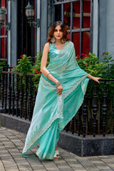 Dista Elora Sky Blue Shimmer Chiffon Geometric Embroidery Work Bollywood Saree, view 5