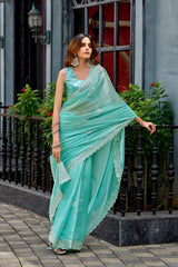Dista Elora Sky Blue Shimmer Chiffon Geometric Embroidery Work Bollywood Saree, view 6
