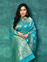 Dista Elora Sky Blue Silk Pure Banarasi Woven Designer Saree For Women, view 3