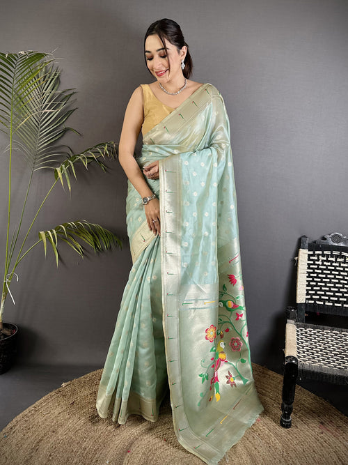 Dista Elora Sky Blue Tissue Parrot & Floral Woven Design Paithani Saree