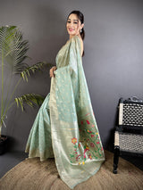 Dista Elora Sky Blue Tissue Parrot & Floral Woven Design Paithani Saree, view 2
