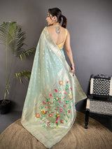 Dista Elora Sky Blue Tissue Parrot & Floral Woven Design Paithani Saree, view 3