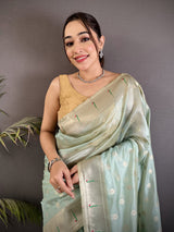 Dista Elora Sky Blue Tissue Parrot & Floral Woven Design Paithani Saree, view 4