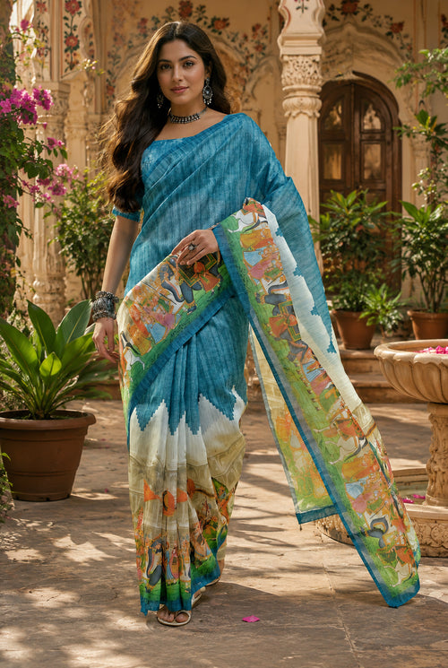 Dista Elora Slate Blue Linen Screen Print Digital Print Bollywood Saree
