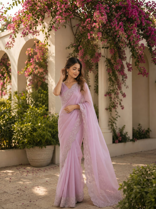 Dista Elora Soft Pink Shimmer Chiffon Plain/Solid Scalloped Edge Embroidered Border Bollywood Saree