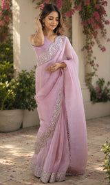 Dista Elora Soft Pink Shimmer Chiffon Plain/Solid Scalloped Edge Embroidered Border Bollywood Saree, view 2