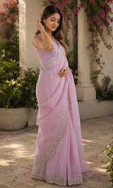 Dista Elora Soft Pink Shimmer Chiffon Plain/Solid Scalloped Edge Embroidered Border Bollywood Saree, view 3