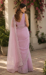 Dista Elora Soft Pink Shimmer Chiffon Plain/Solid Scalloped Edge Embroidered Border Bollywood Saree, view 4