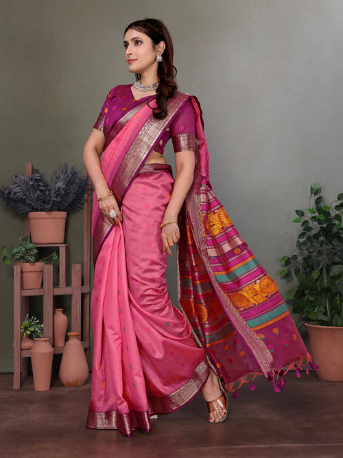 Dista Elora Soft Silk Floral Designed Banarasi Saree- Pink