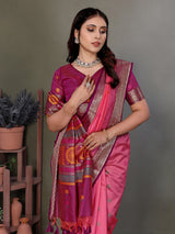 Dista Elora Soft Silk Floral Designed Banarasi Saree- Pink, view 3